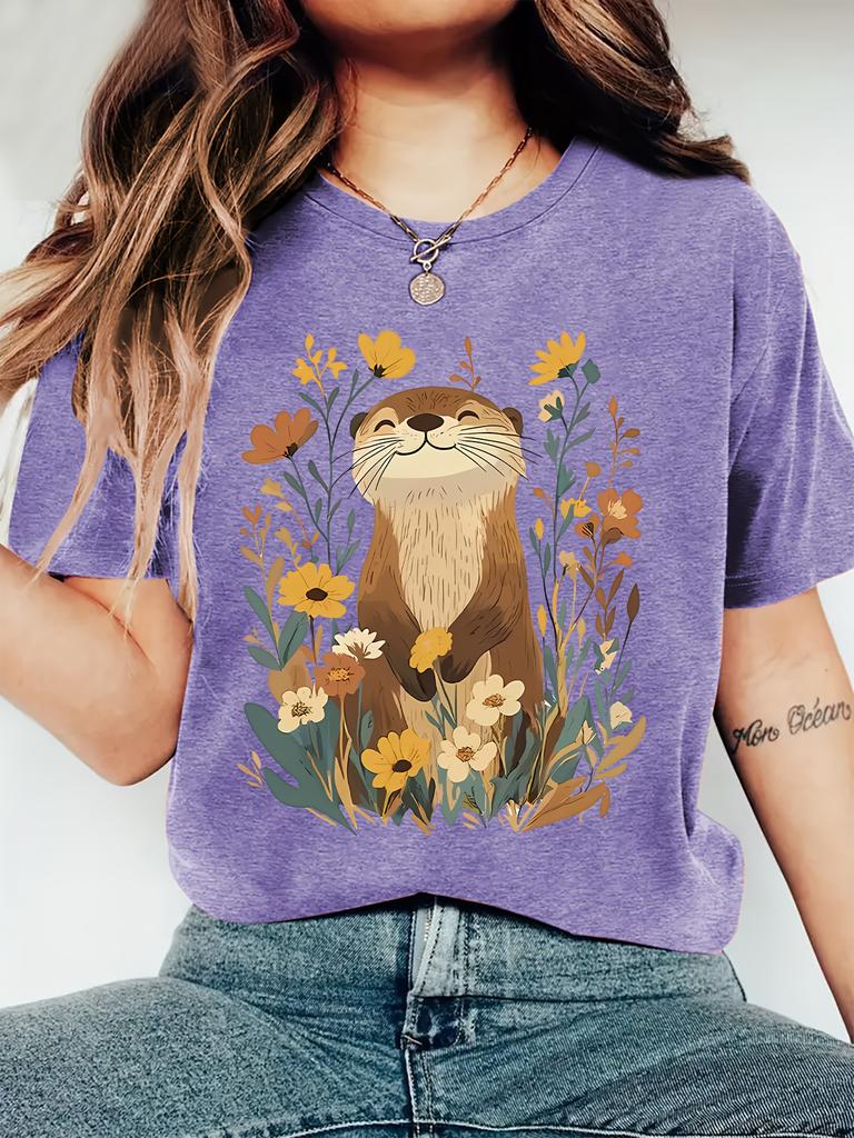 Cute Otter Floral Women's Tee - Nature Graphic, Casual Khaki Top