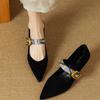 2025 New Ladies Women's Black Suede Pointed Toe Mid-Heel Casual Office Shoes - Snake-Print Instep Strap with Gold Buckle