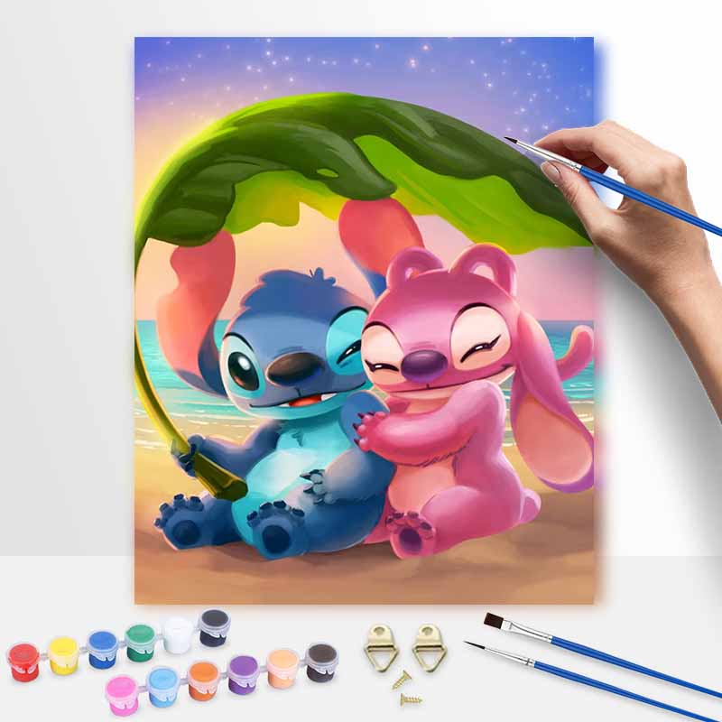 Disney Stitch And Angel Oil Art Painting Kit Home Wall Decor Handmade Gift Lilo Cartoon Beach Sunset Lover Artwork Canvas Wall Decor