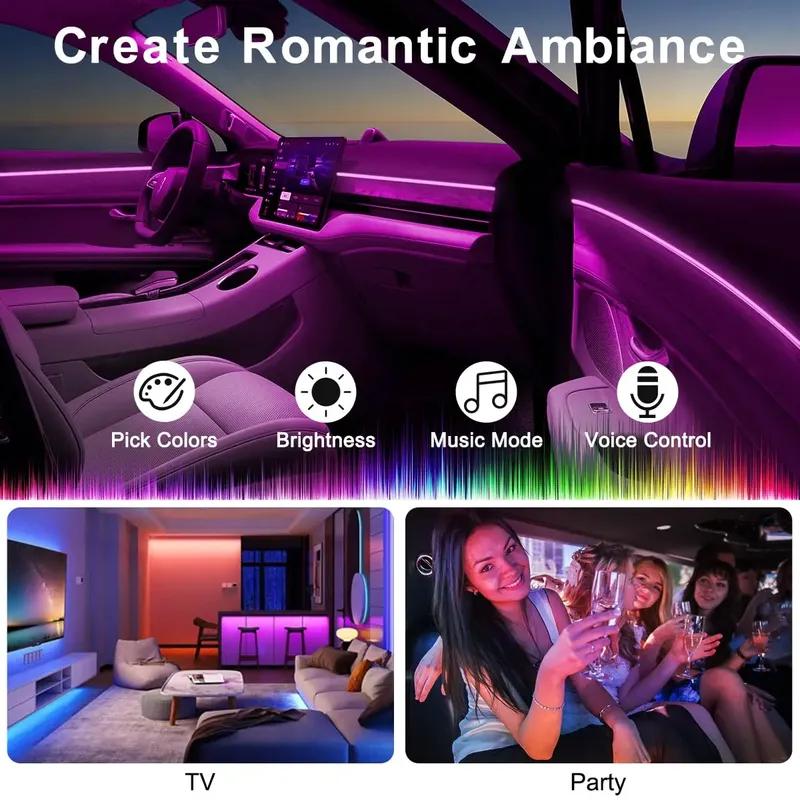 6 In 1 Car Interior Ambient LED Light Kit RGB Strip Lights with Fiber Optic Tube APP and Remote Control Neon Mood Sync Lighting