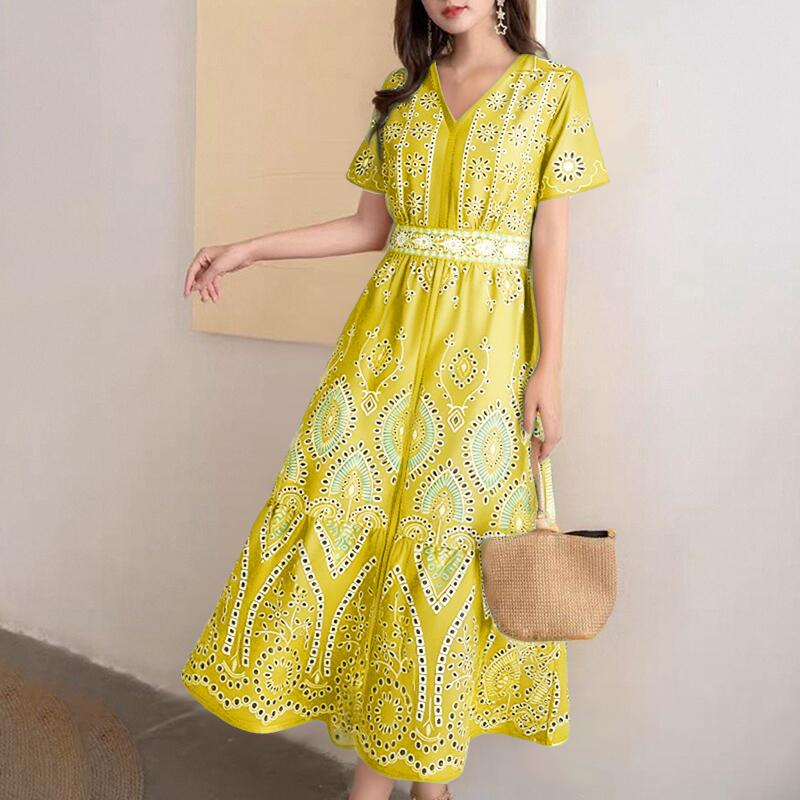 

ZANZEA Женское элегантное платье с V-образным вырезом, принтом, повседневное, с коротким рукавом, длинное жёлтый