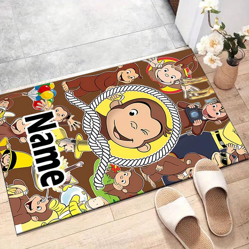 Custom Curious George Mat Personalized Name, Polyester Washable Indoor Entryway Rug, Gift for Christmas, Easter, Thanksgiving Day
