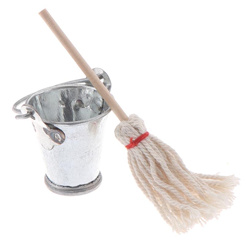 2 Pcs/Set Scale 1:12 Dollhouse Kitchen Garden Mop Bucket Creative Toys Gifts