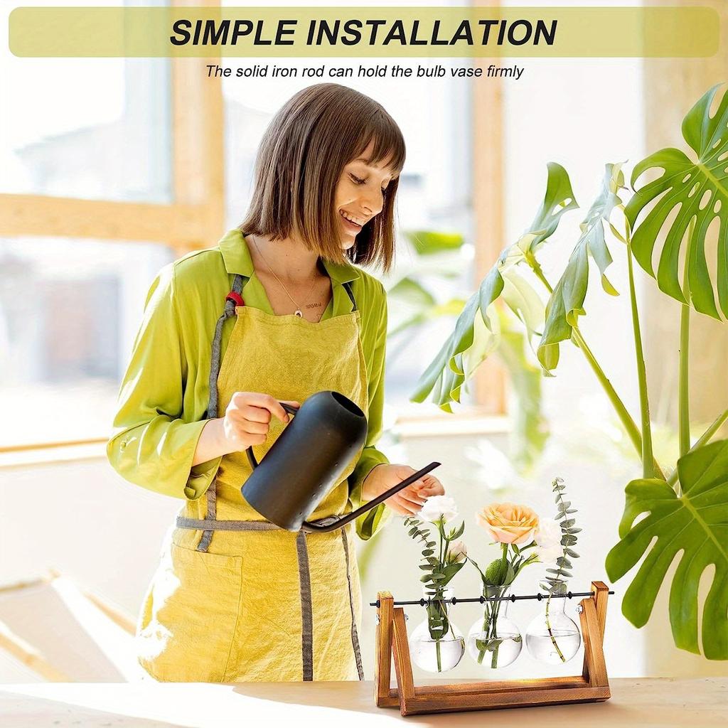 Kreative Hydrokulturpflanzen mit Holzrahmen, Glühbirnen-Glasvasenhalter, Hydrokultur-Retro-Tischplatte, Hausgarten, Bürodekoration – Vase mit 3 Glühbirnen
