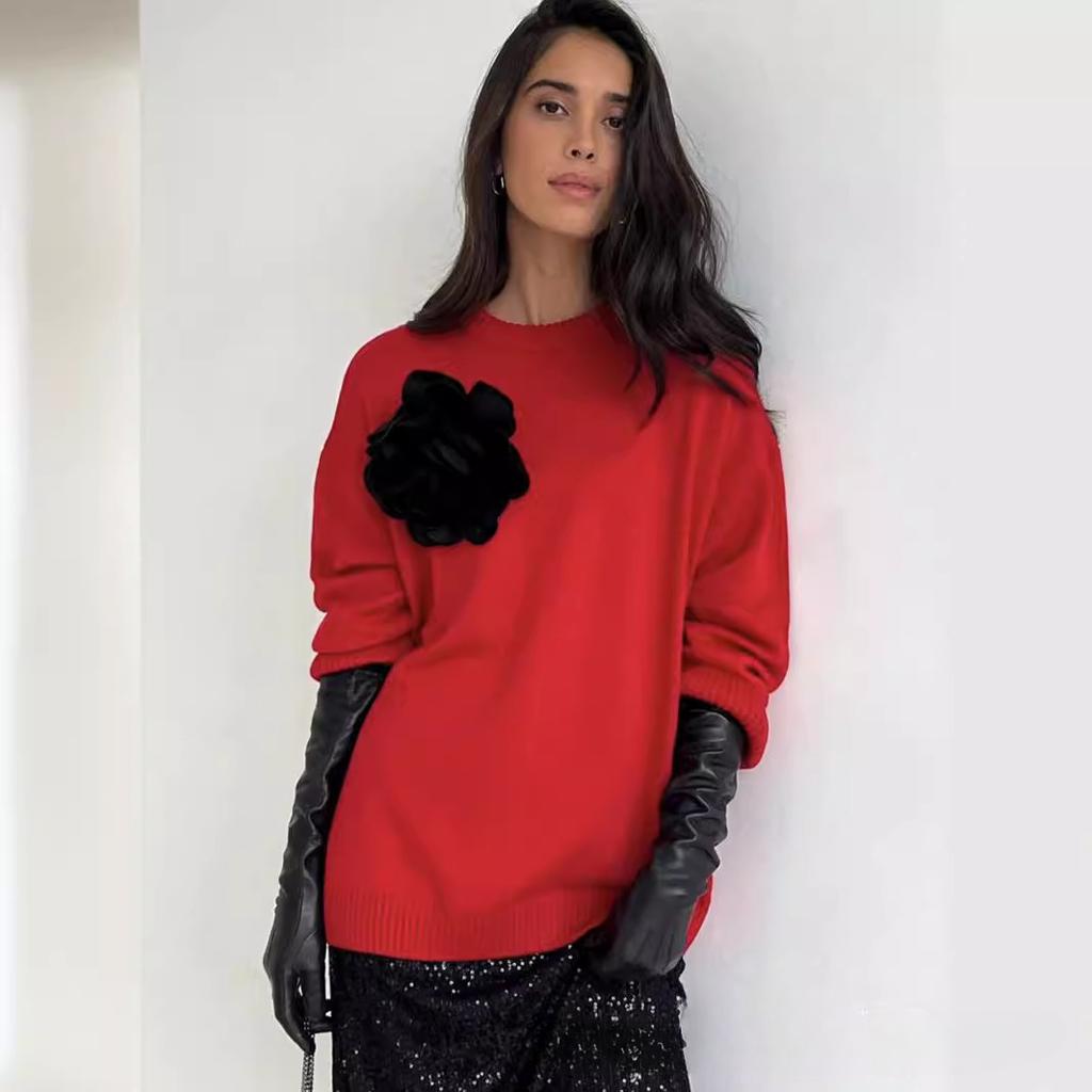 Damenpullover für den Herbst, langärmelig, Blumendruck, übergroße Pullover, trendiger, lässiger Rundhalsausschnitt, Strickoberteil, Pullover für Damen, lässiger Pullover