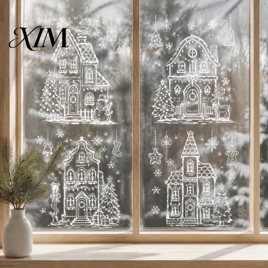 Static Window Decals 4Pcs Christmas Town House Stickers, Removable Snowflake Glass Home Ornaments Decals, Reusable PVC Clings for Holiday Party Decor