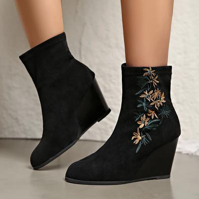 Nouvelles Bottines d'Automne et d'Hiver 2024 Style Ethnique Brodé Talon Épais Chaussures en Coton Chaud pour Femmes Grande Taille 35-43