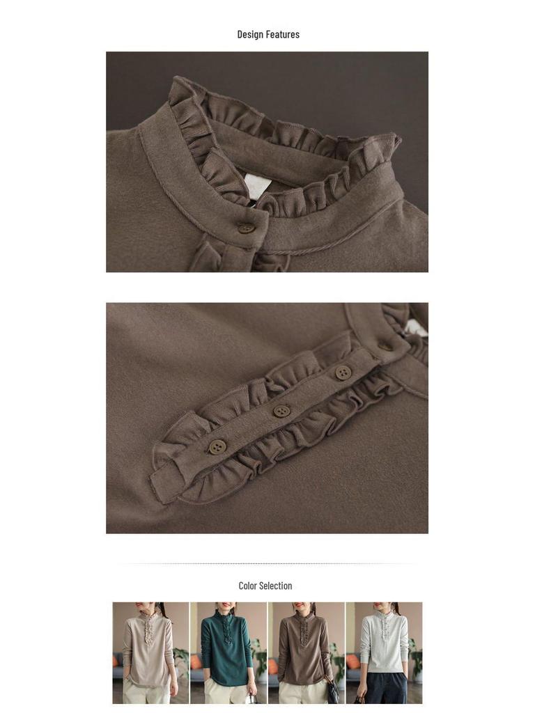 Damen Slim Fit Retro Rüschenhals Samt Langarm Basisschicht Top