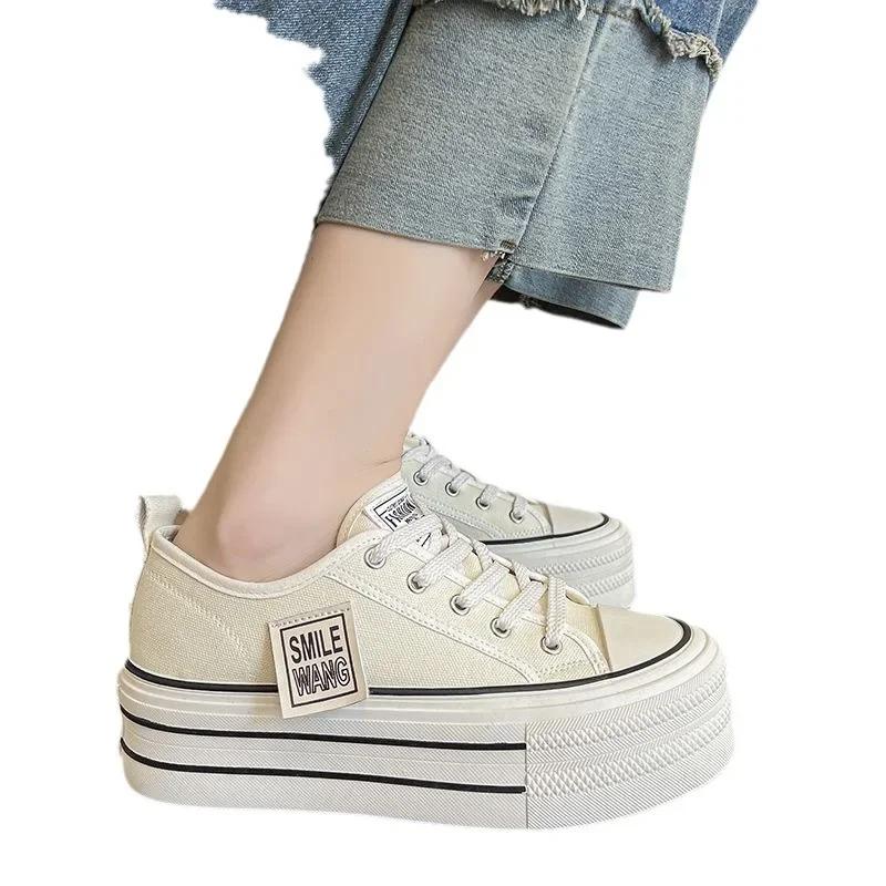 Fashion Women Thick Soled Canvas Shoes for Women Korean Version Lace Up Low Top High Rise Board Shoes Platform Sneakers Vulcanize Shoes