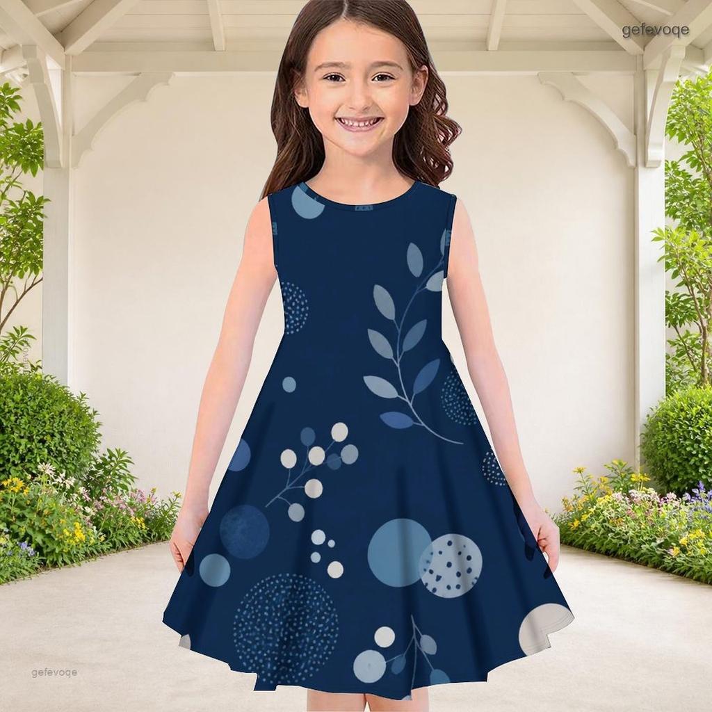 Girls Round Neck Sleeveless Printed A Line Flared Hem Dress