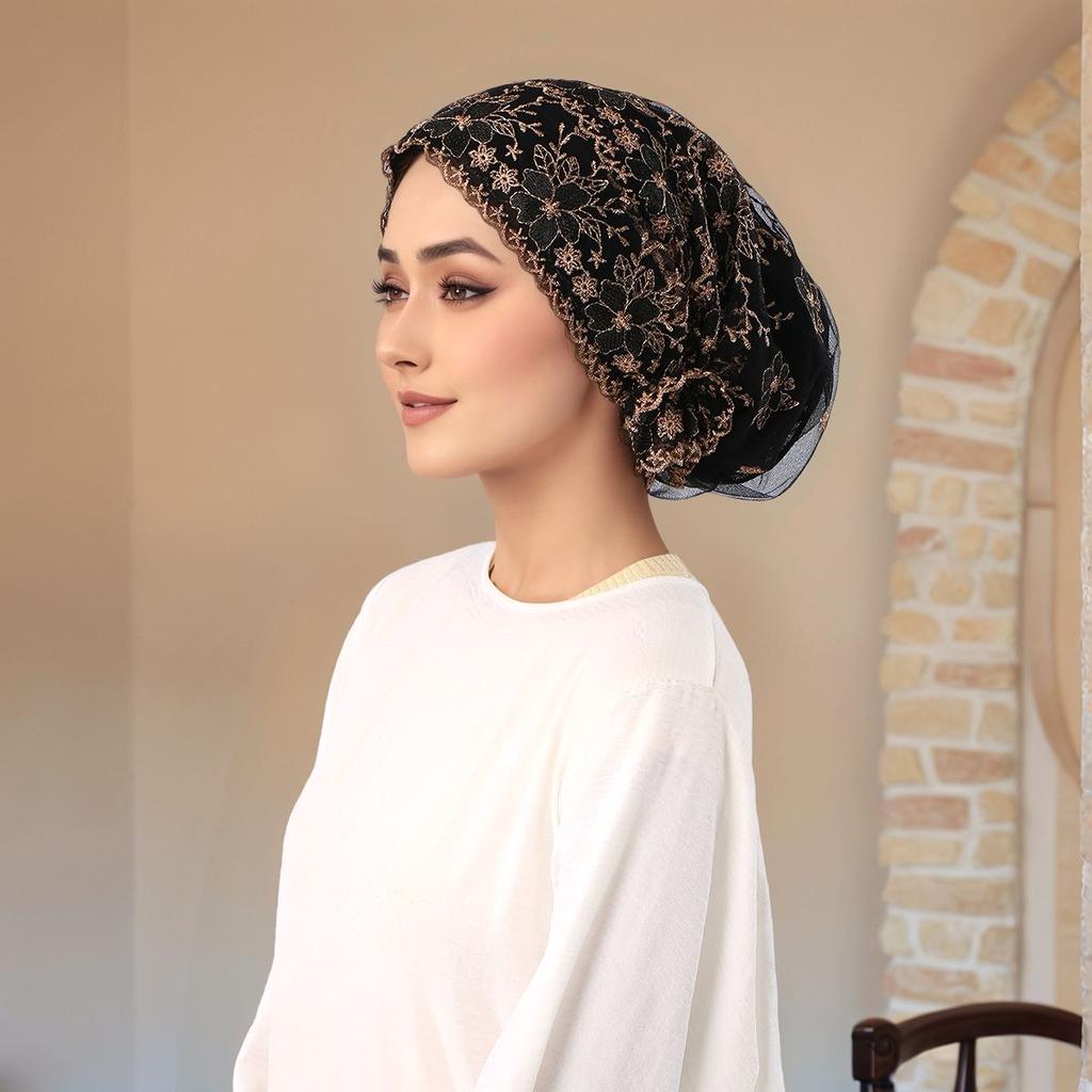 Floral Embroidery Lace Hat Caps Woman Muslim Hijabs Luxury Breathable Headscarf Islam Turban Hats Dubai Arabic Worship Hat