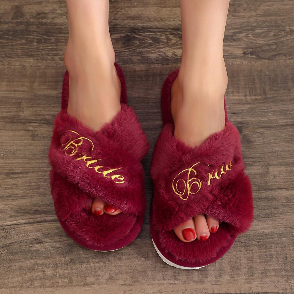 Embroidered Plush Slippers Indoor Anti Slip and Toe Exposed Slippers