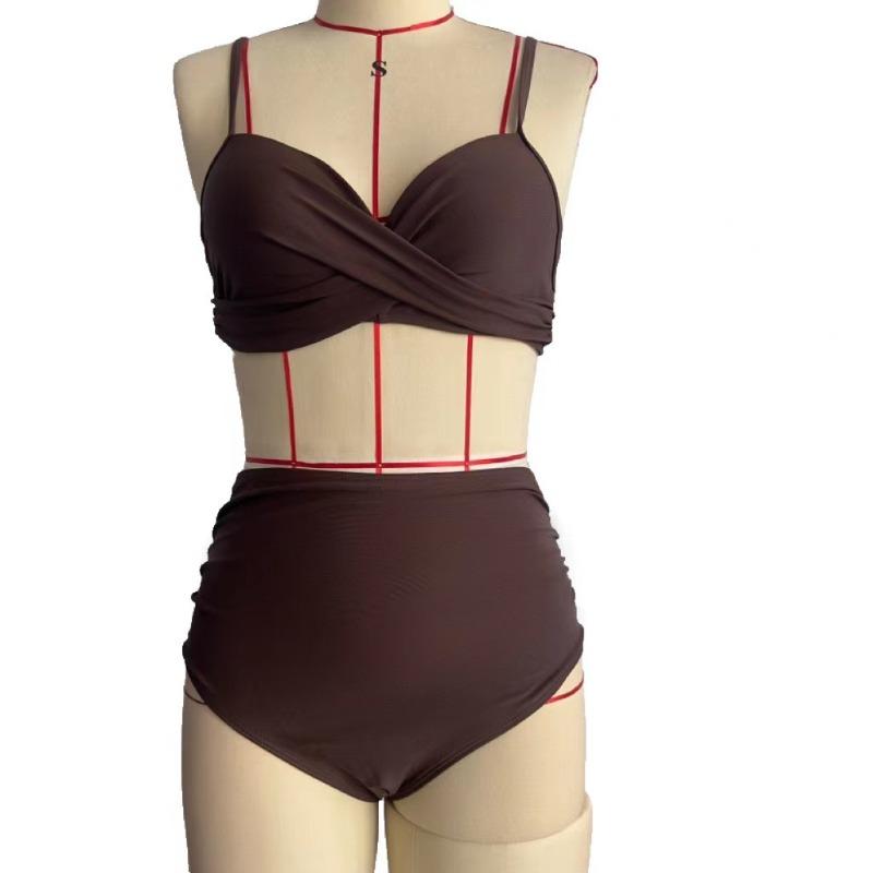 Meerkleurige print gesplitste effen kleur ruches bikini hoge taille badpak strak
