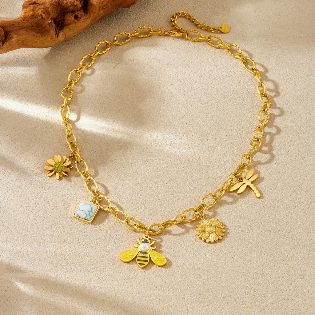 316L Stainless Steel Pearl Inlay Yellow Bee Lotus Sunflower Dragonfly Pendant Necklace Women New Trend Neck Chain Gifts