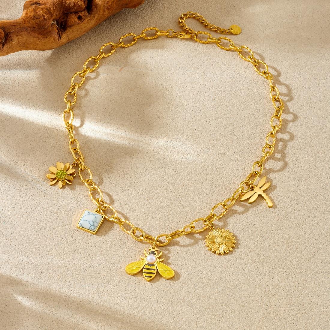 

316L Stainless Steel Pearl Inlay Yellow Bee Lotus Sunflower Dragonfly Pendant Necklace Women New Trend Neck Chain Gifts