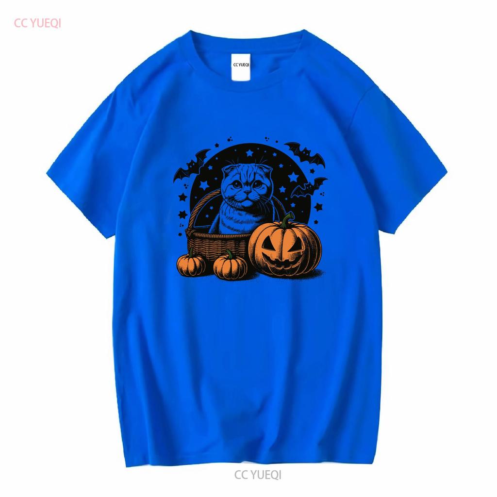 Halloween Pumpkin Cat T Shirt Scottish Fold Cute Owner Spooky Season Fall Long Or Short Sleeves Vintage Washed Casual Homme