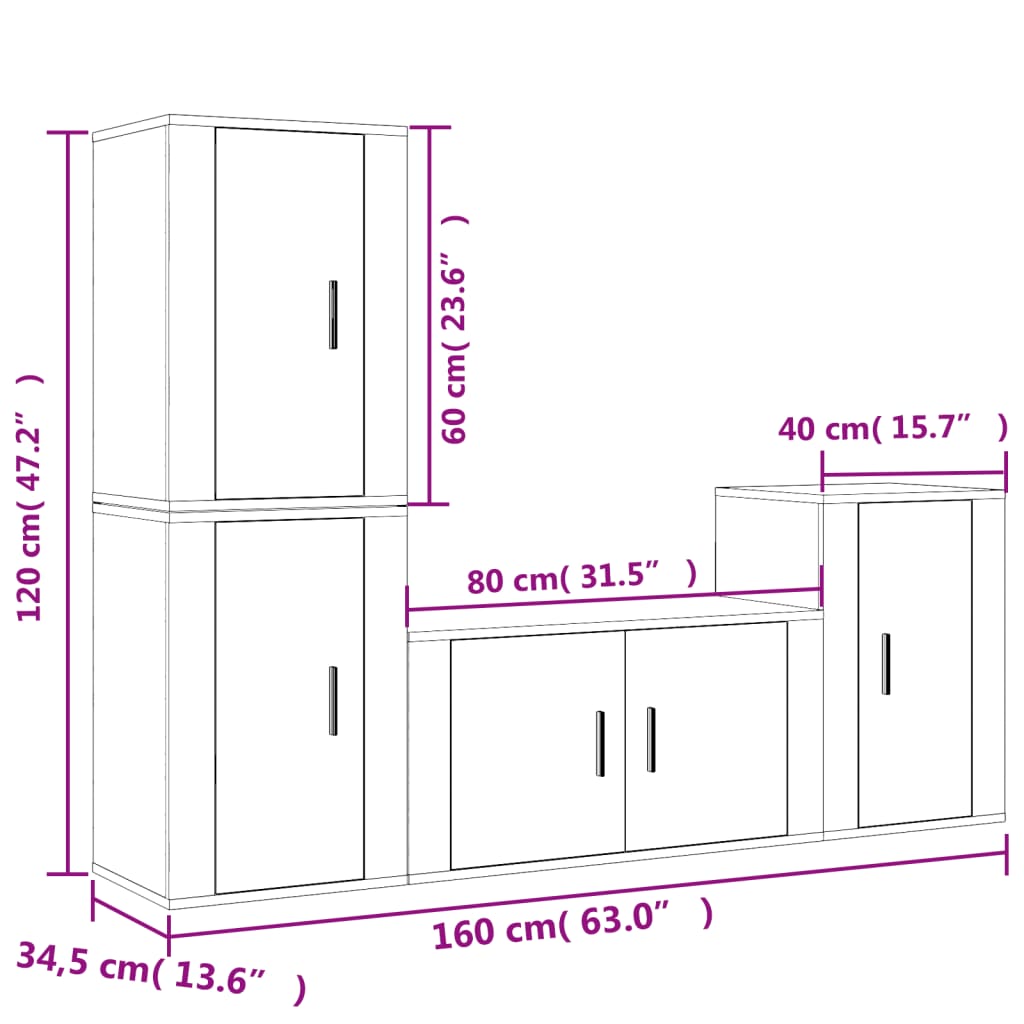 4 Piece TV Cabinet Set Smoked Oak Effect Particleboard