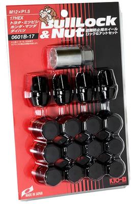 KYO-EI (Kyoei Sangyo) Wheel Lock Nuts Bull Lock 17HEX M12 P1.5 16pcs Black 0601B-17 for Automotive Anti-Theft