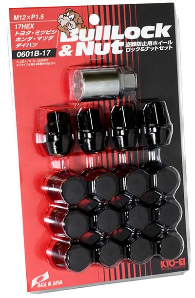 KYO-EI Bull Lock Wheel Lock Nuts, 17HEX, M12mm, P1.5, Pack of 16, Black, 0601B-17, for Automotive Anti-Theft