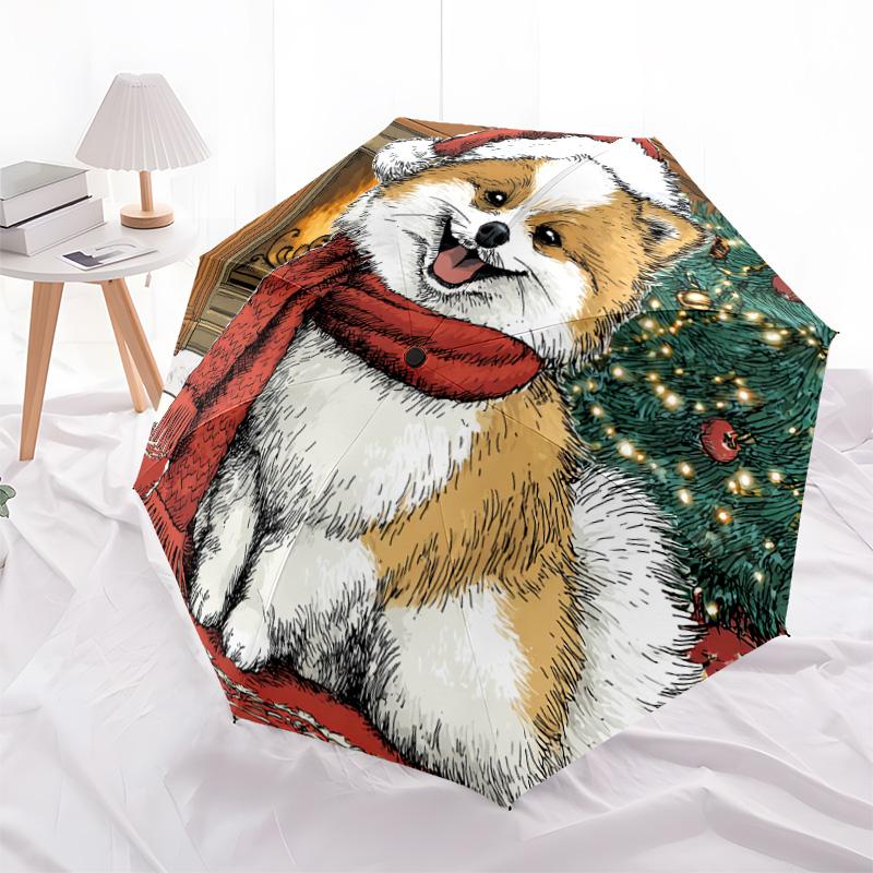 1 PC Automatic Folding Umbrella - Pomeranian Pattern, Portable & Foldable Design with 8 Ribs, Christmas Birthday Gifts