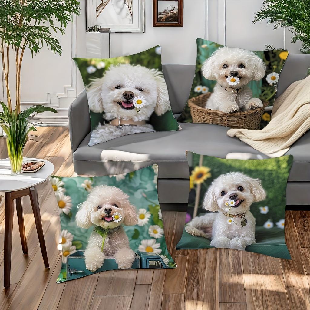 Cute White Dogs with Daisy Patterned Throw Pillows Polyester pillowcase, sofa decorative cushion cov Headboard Pillow