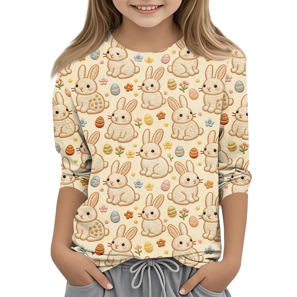 Haut décontracté pour enfants à manches sept-quarts, imprimé Pâques, col rond, imprimé