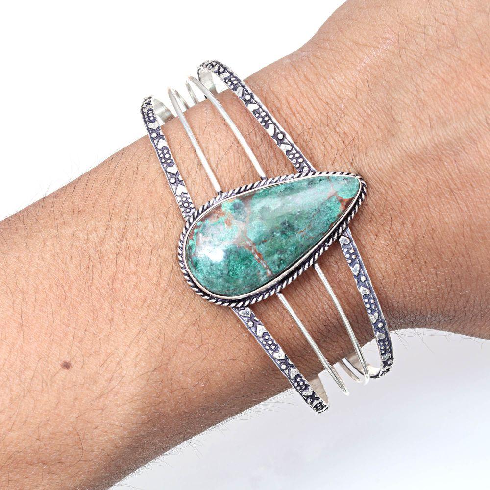 Chrysocolla Gemstone Antique Silver Jewelry Cuff Bracelets 7''Adjustable