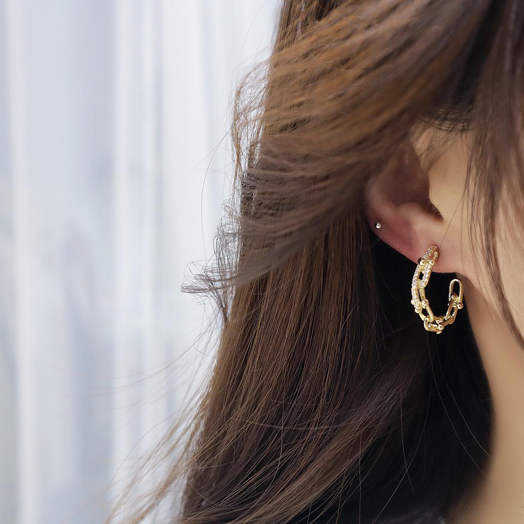 Joyería de Moda Oro Real 14K Zirconia AAA Pendientes de Aro Generosa Cadena en Forma de C Pendientes Huecos para Mujer para Uso Diario