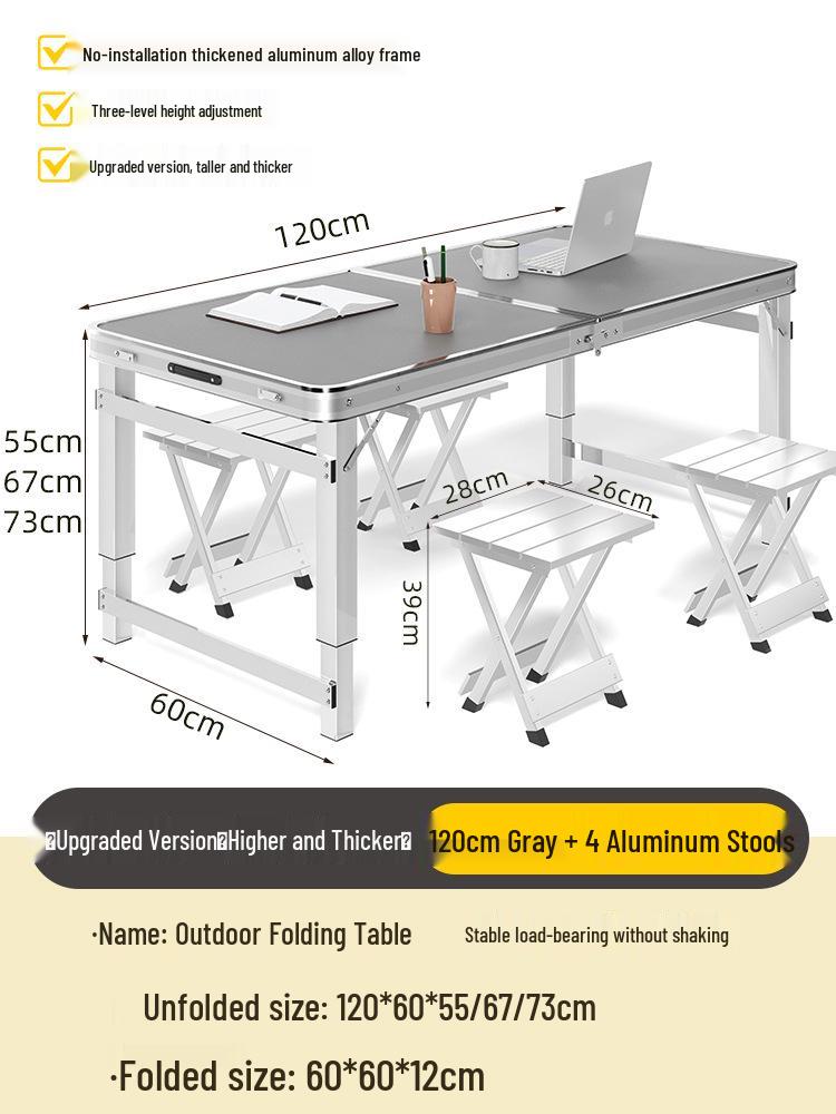 Adjustable Height Aluminum Folding Picnic Table & Chairs Set for Outdoor Camping & BBQ