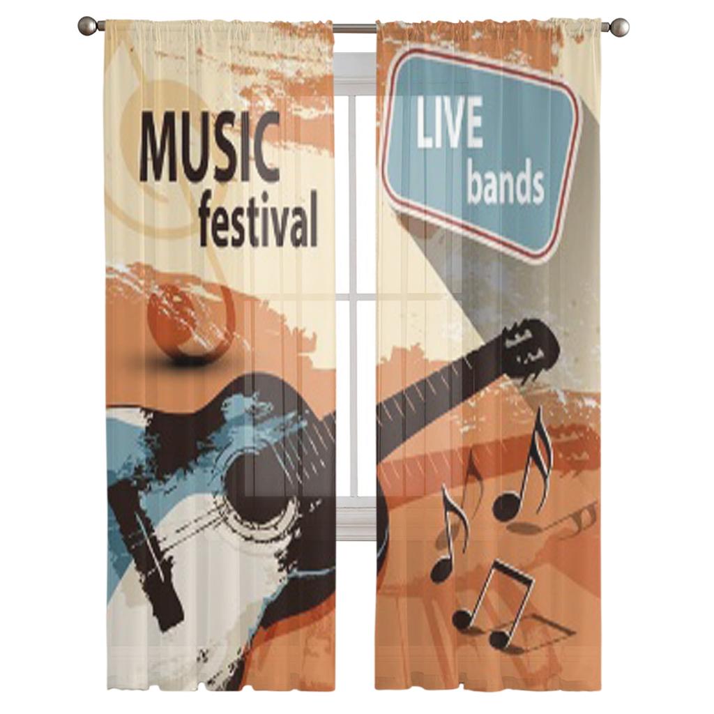 Music Festival With Retro Guitar Chiffon Sheer Curtains for Living Room Bedroom Kitchen Decoration Window Voiles Tulle Curtain