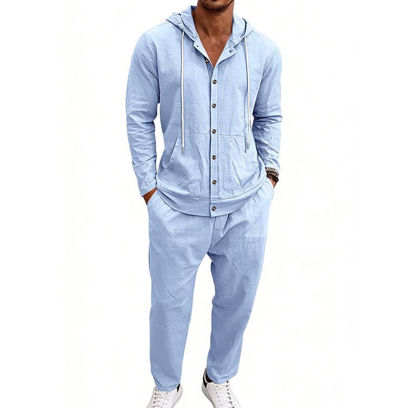 Men's Hooded Linen Shirt and Pants Set - European Casual Style