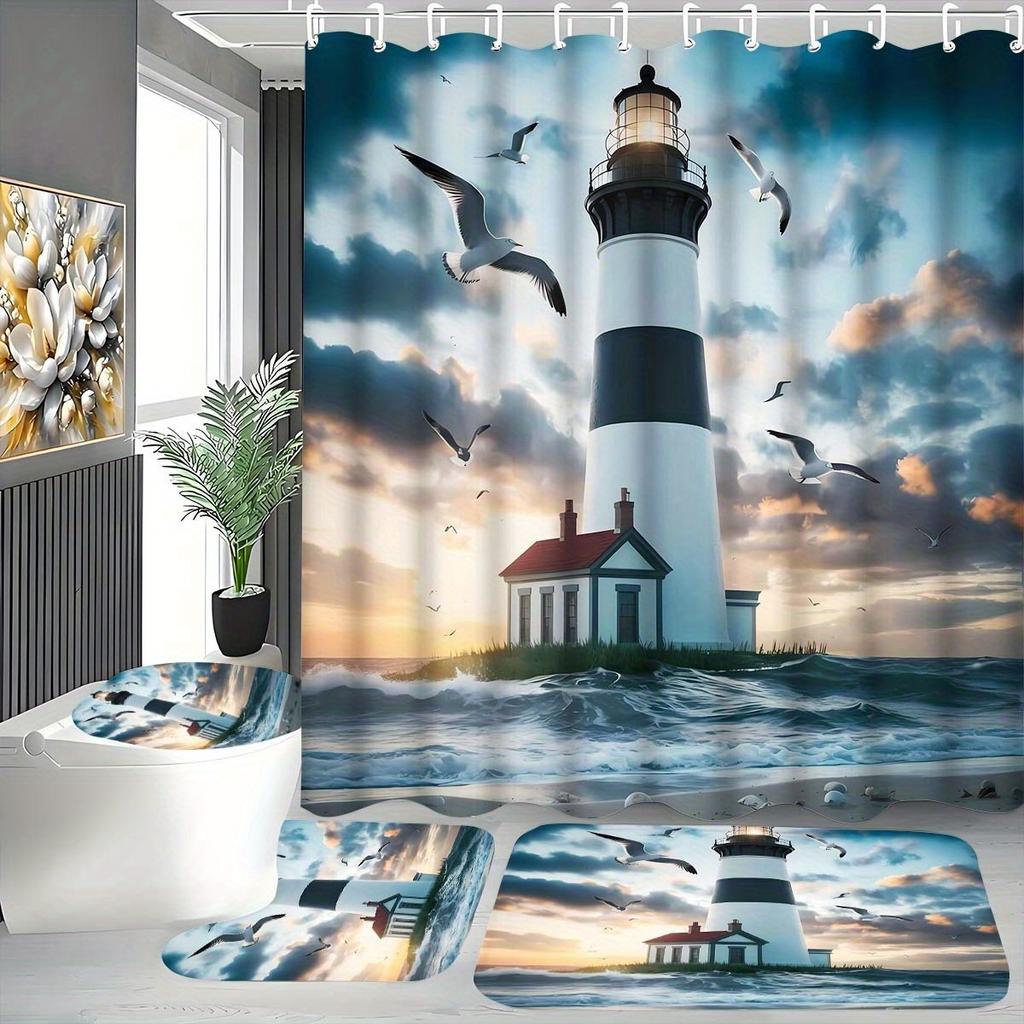 4Pcs Bathroom Shower Curtain Set Nautical ElementsPattern Bathroom Curtain With 12 Hooks Non Slip Rugs Toilet Cover Mat Bathroom Partition