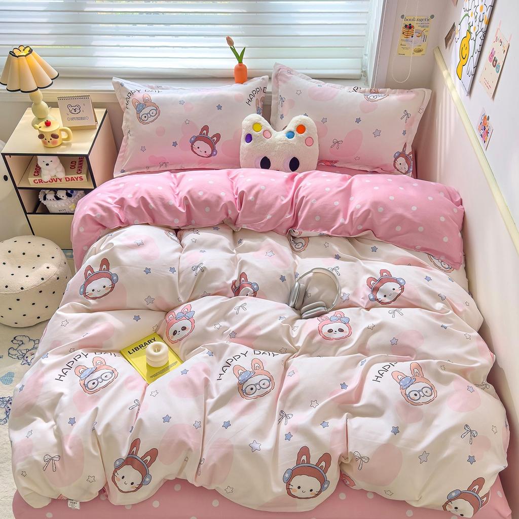 Class A Maternal Infant Grade Small Fresh Pure Cotton Abraded 4-Pcs Set, Skin-Friendly Bed Sheet Washed Cotton Quilt Cover, Dormitory 3-Piece Set