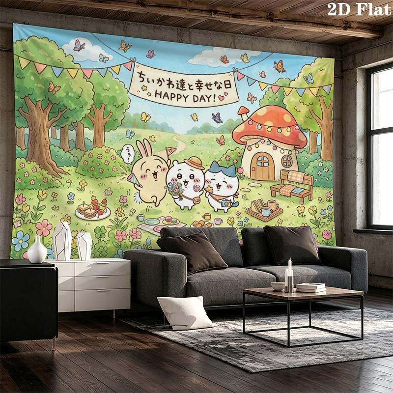 Anime Chiikawa Wall Tapestry Aesthetic Wall Hanging Printed Fabric Blanket Decorative Tapestries for Bedroom Living Room Home Decor
