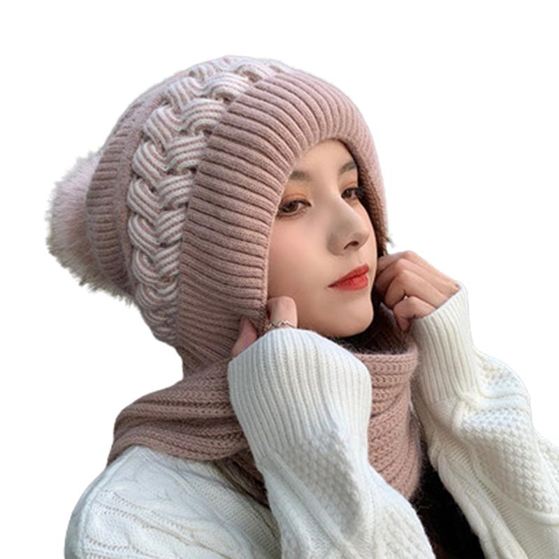 Korean Style Hat Scarf Set Women Winter Warm Cycling Ear for Protection Windproof Knitted Wool Pullover Cap Scarf for Wo