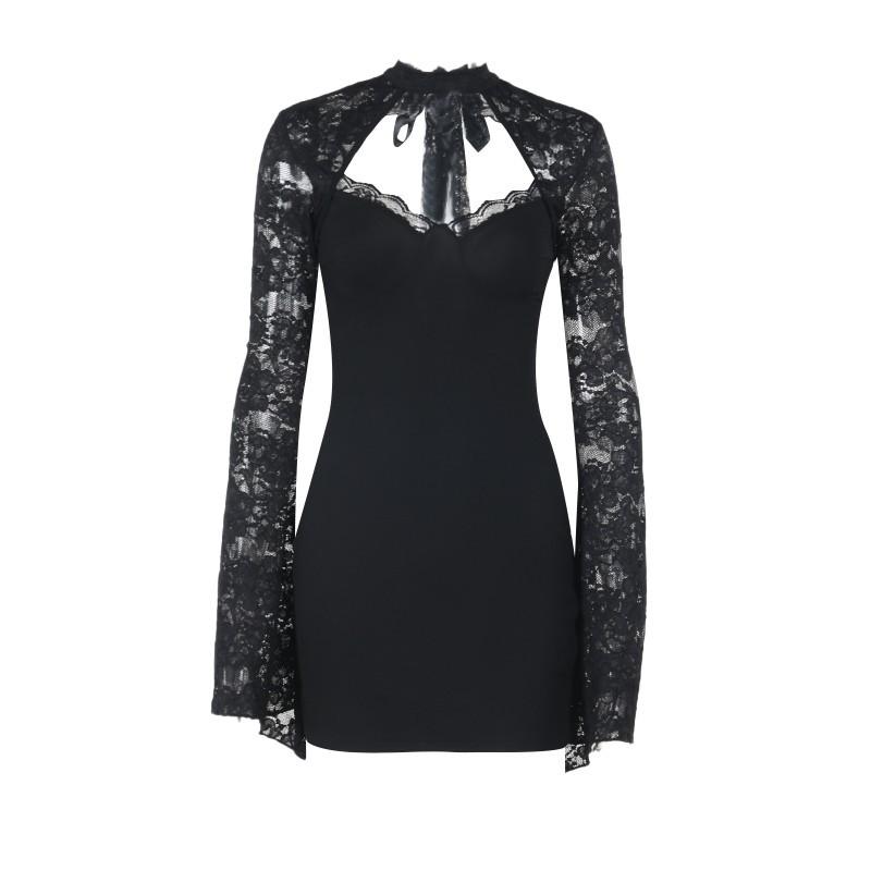 Pure Desire Style Black Long-sleeved Dress Women's Autumn Lace Splicing Slim-fitting Short Skirt Showing Figure Waist and Hip Skirt