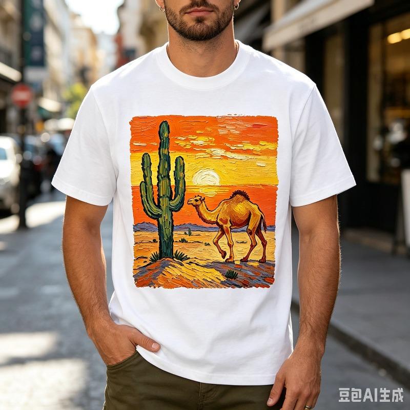 Van Gogh Style Desert Camel Cactus Graphic T Shirt Unisex Unisex Vintage Artistic Streetwear Casual Short Sleeve Tee Tops