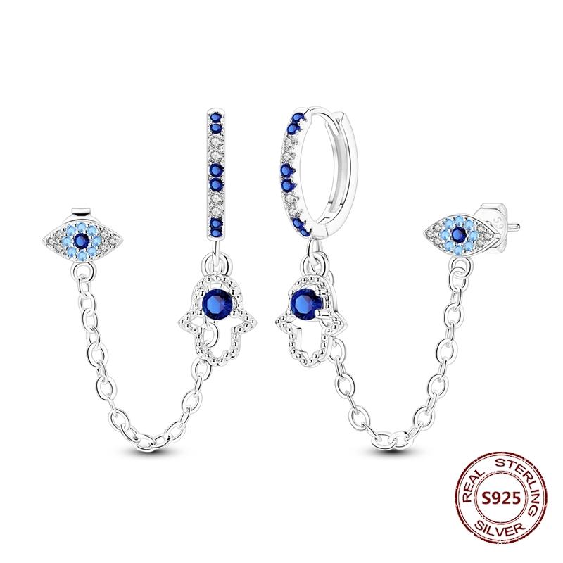 Shining Blue Zircon Owl Earrings 925 Silver Evil Eyes Earrings for Women Wedding Engagement Planet Moon Star Zirconia Jewelry