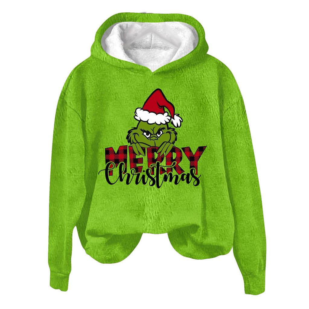 Damenmode, lässig, langärmelig, weihnachtlich bedruckt, Flanelloberteil mit Kapuze