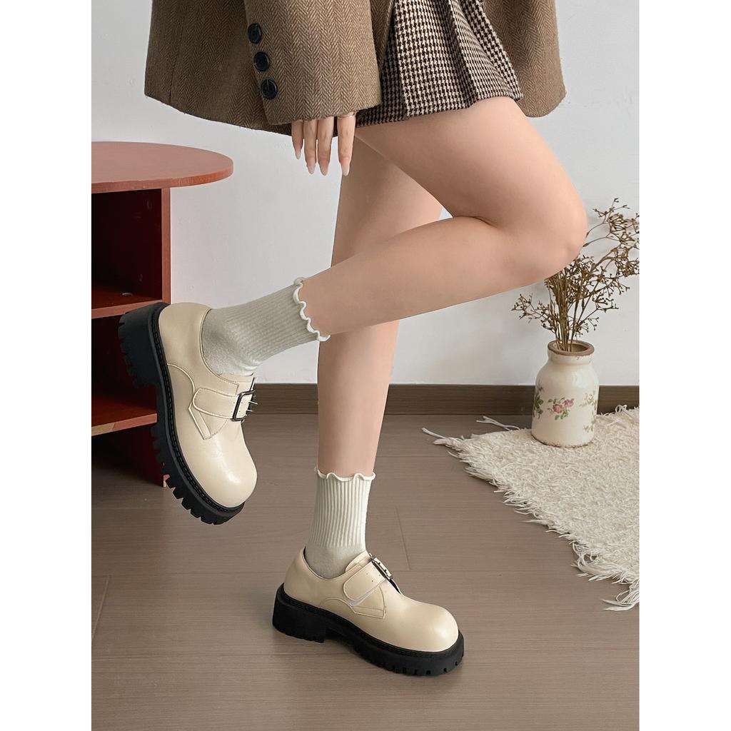 White British style platform small leather shoes, spring and autumn with skirts, versatile height-increasing Birkenstocks