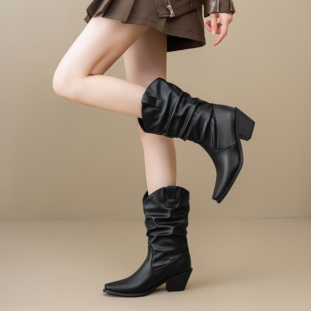 White Black Women Mid Calf Boots High Block Heel Big Size 46