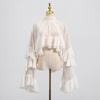 Women's High Neck Blouse with Puff Sleeves and Drawstring Hem