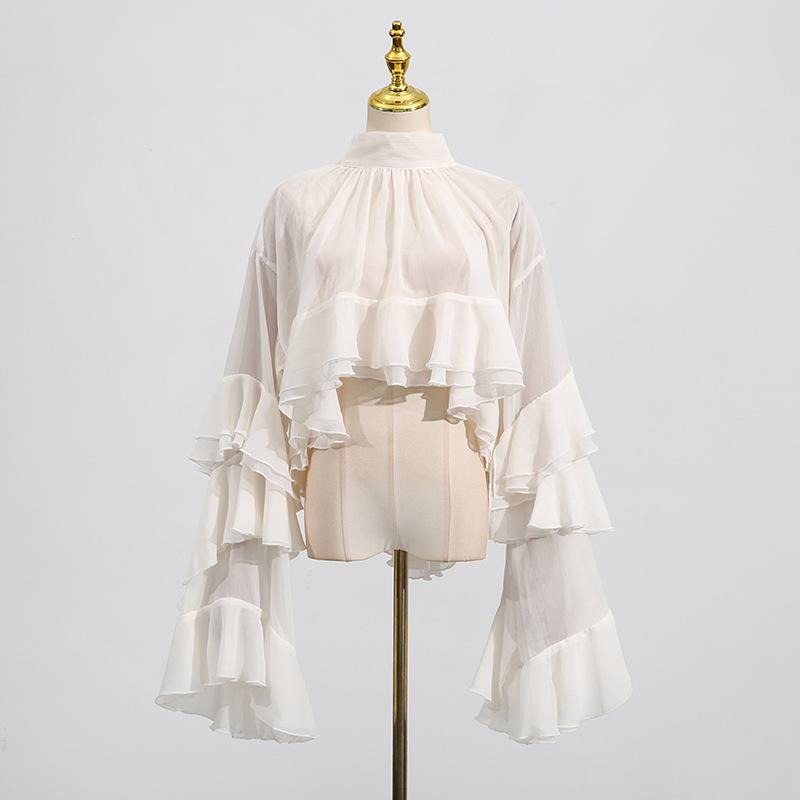 Women's High Neck Blouse with Puff Sleeves and Drawstring Hem