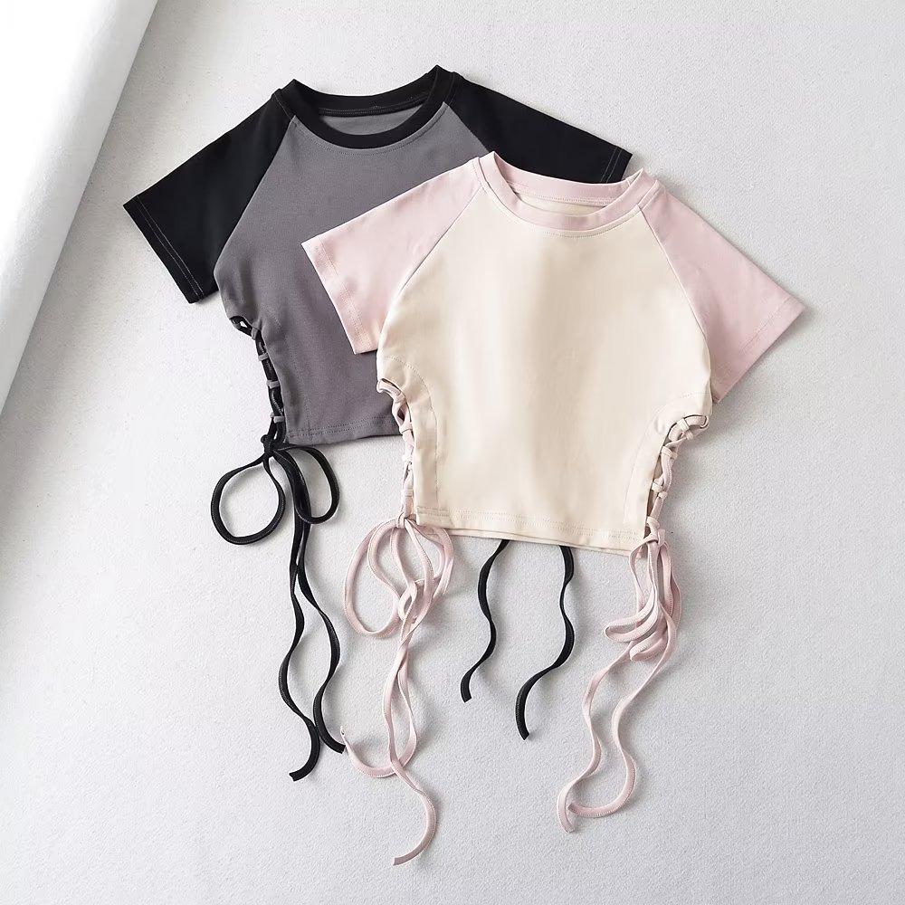 Sommer Frauen T-Shirt Kurzarm Slim T-shirt Patchwork Binden T Tops