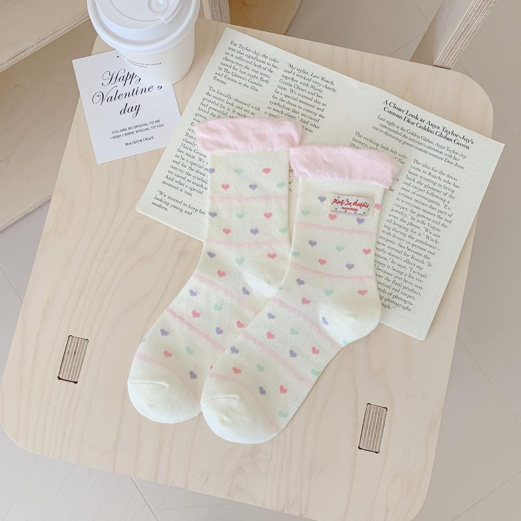 Sweet Color Love Socks Women'S Striped Breathable Stack Socks Macaron Cloth Label Socks