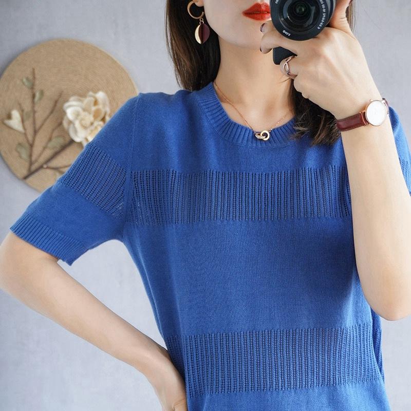 Round Neck Cotton Thread Short-sleeved Knitted T-shirt for Women's Summer Pullover Half-sleeved Loose and Versatile Fashionable Vest Top