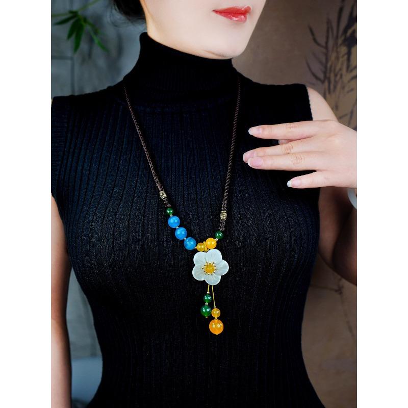 GEMCHIC Women's Ethnic Style Long Sweater Necklace with White Shell Flower Pendant and Colorful Beads Vintage Chinese Fashion Accessory