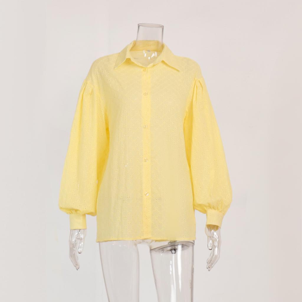 GMXIA Women's Lantern Sleeve Jacquard Shirt Spring Temperament Versatile Polo Collar Small Hollow Design Shirt