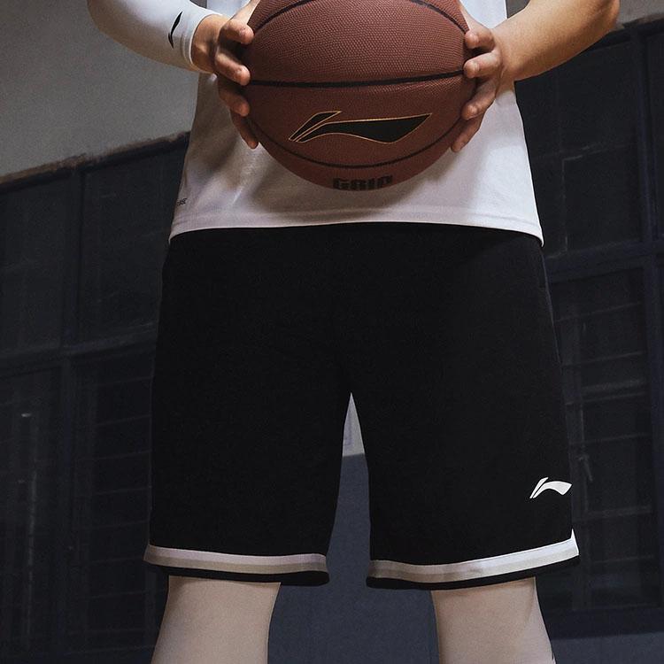 Li Ning Sports Basketball Series CBA Logo Print Breathable Elastic Mid-Waist Straight Basketball Pants Men Bottoms Black White AAPT599-4