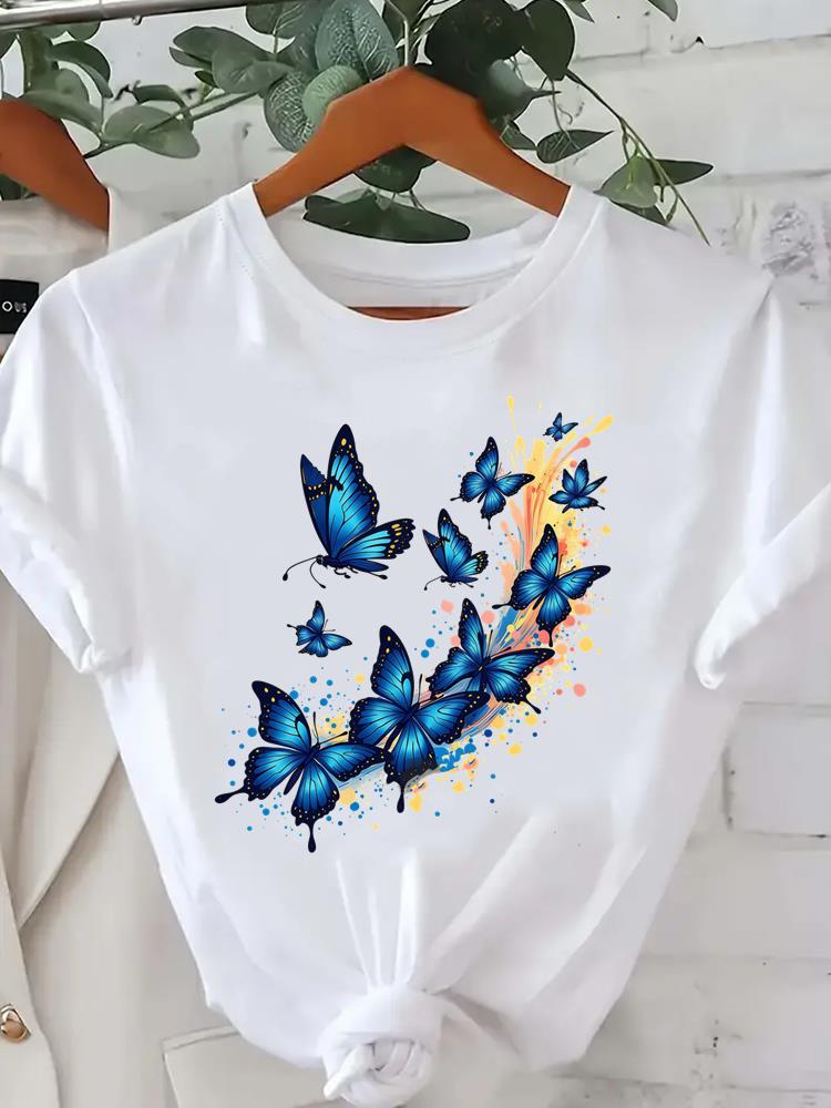 (Asian Size) Tee Clothing Lady Female Top Watercolor Butterfly Printed Women Casual T Shirt Fashion Graphic Short Sleeve T-shirts